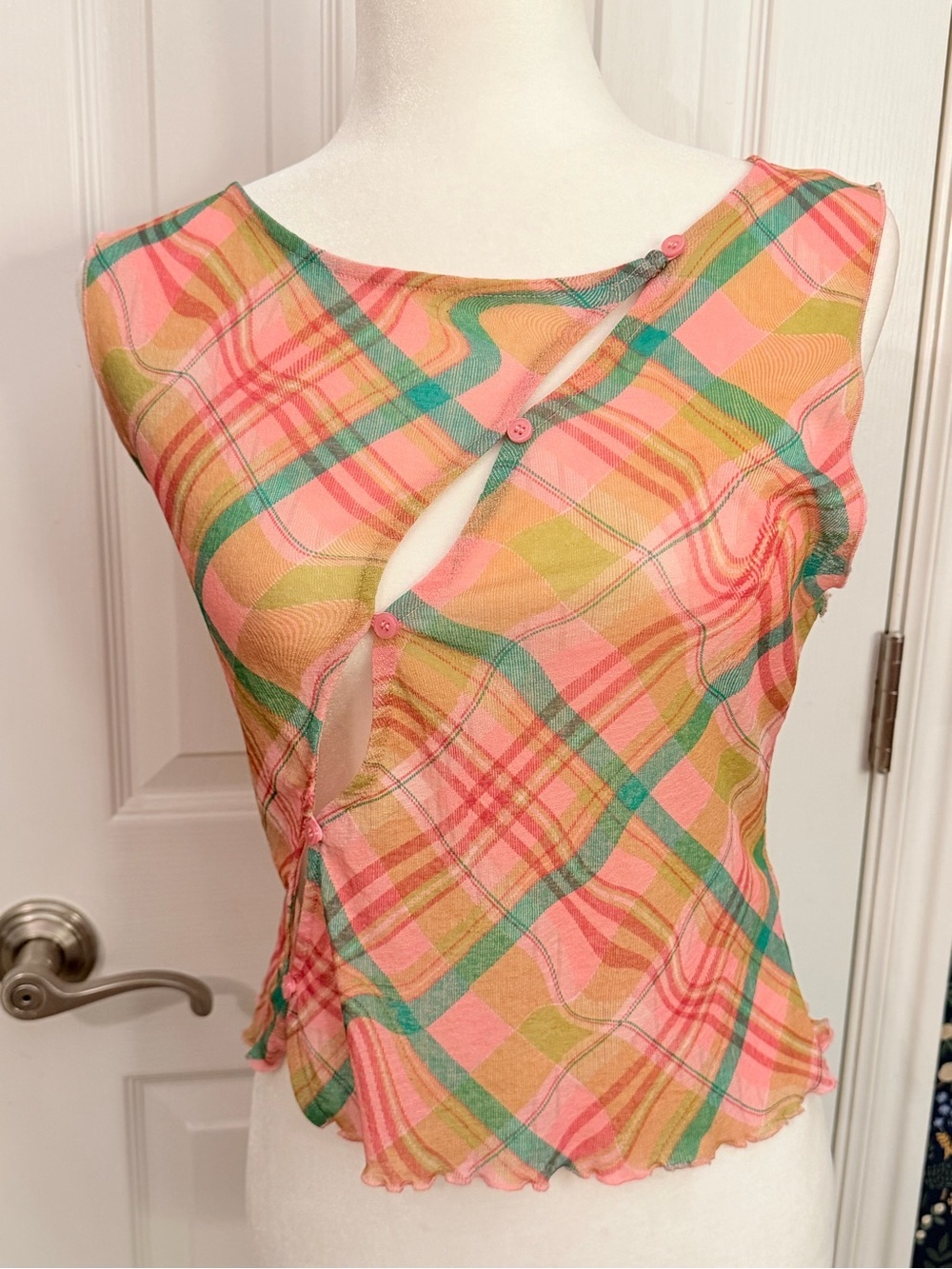 Topshop Pink and Teal Plaid Sheer Lightweight Blouse